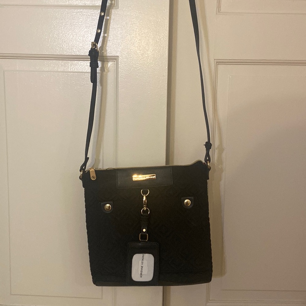 Adrienne Vittadini purse, black fabric with leather strap and gold hardware